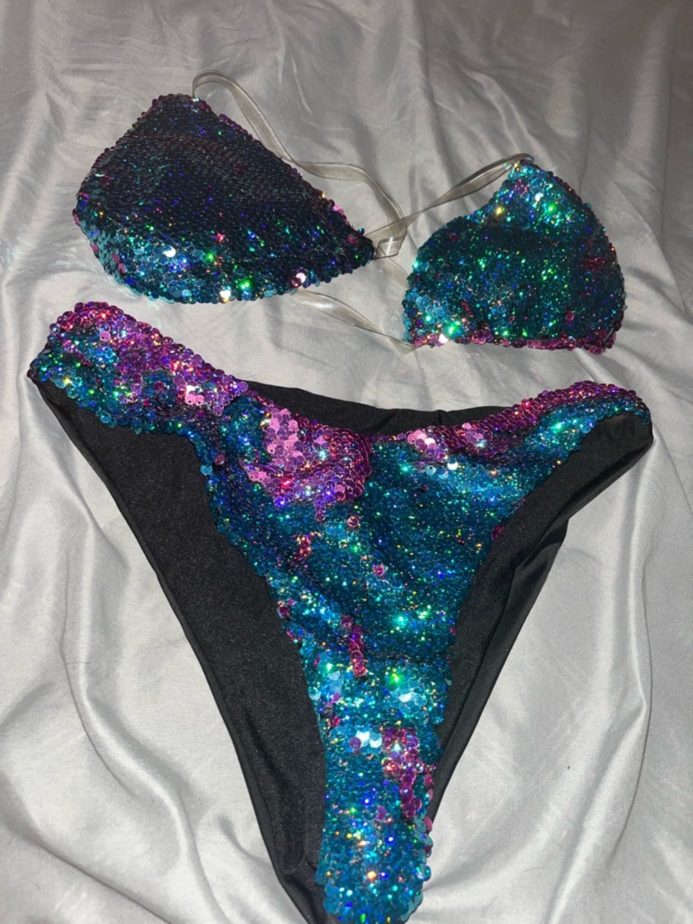 Custom Sequin Bikini Set in Teal, Purple & Pink size small